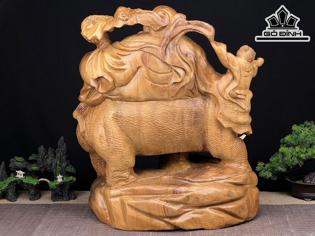 Tượng Phật Di Lặc Nhị Phúc Ngự Voi Gỗ Ngọc Am Cao 52 Ngang 45 Sâu 30 (cm)