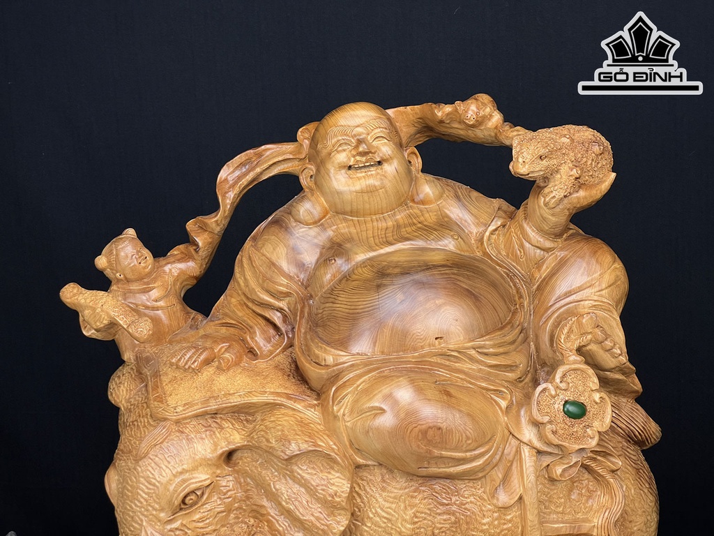 Tượng Phật Di Lặc Nhị Phúc Ngự Voi Gỗ Ngọc Am Cao 52 Ngang 45 Sâu 30 (cm)