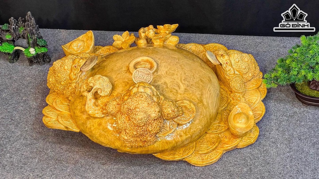 Tượng Tam Cóc Ngậm Tiền Gỗ Nu Kháo Cao 22 Ngang 60 Sâu 45 (cm)