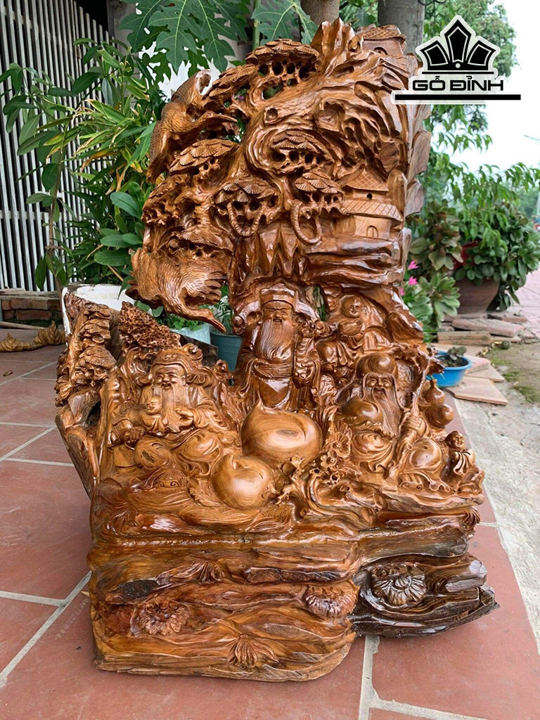 Tượng Phúc Lộc Thọ (Tam Đa) Gỗ Bách Xanh Cao 80 Ngang 60 Sâu 55 (cm)