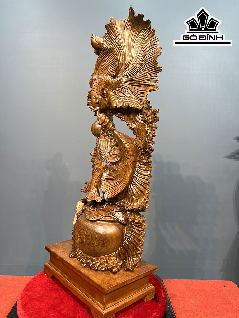 Tượng Cá Xiêm Đôi Gỗ Hương Cao 84 Ngang 34 Sâu 19 (cm)