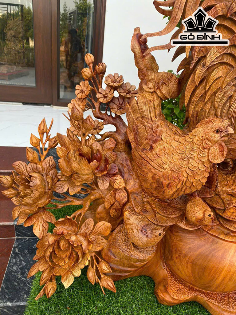 Tượng Gia Đình Gà Gỗ Hương Cao 75 Ngang 70 Sâu 40 (cm)
