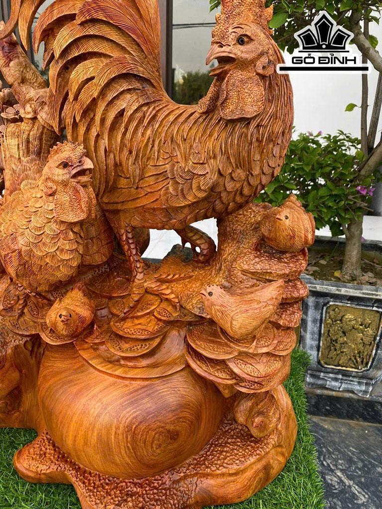 Tượng Gia Đình Gà Gỗ Hương Cao 75 Ngang 70 Sâu 40 (cm)