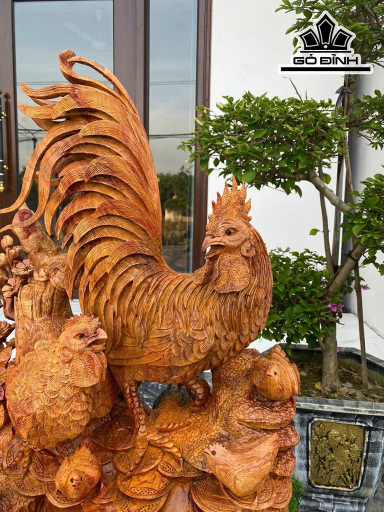 Tượng Gia Đình Gà Gỗ Hương Cao 75 Ngang 70 Sâu 40 (cm)