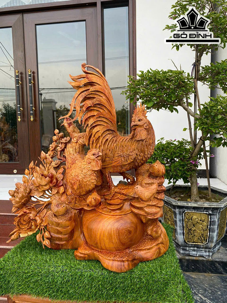Tượng Gia Đình Gà Gỗ Hương Cao 75 Ngang 70 Sâu 40 (cm)