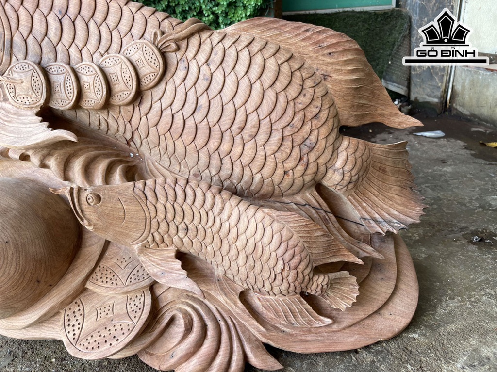 Tượng Cá Kim Long Mẫu Tử Gỗ Hương Cao 50 Ngang 85 Sâu 32 (cm)