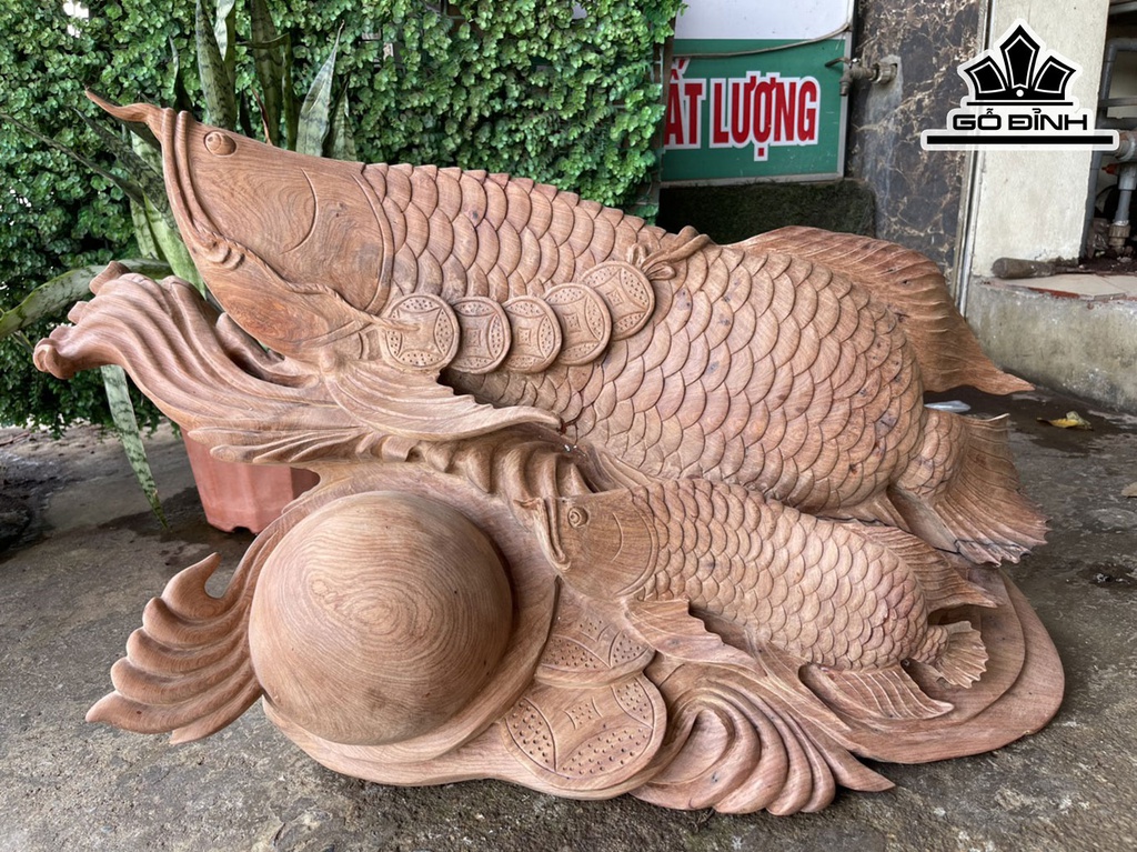 Tượng Cá Kim Long Mẫu Tử Gỗ Hương Cao 50 Ngang 85 Sâu 32 (cm)