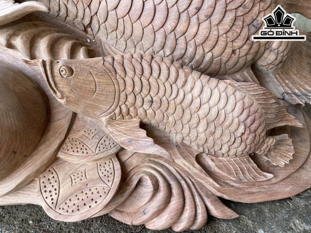 Tượng Cá Kim Long Mẫu Tử Gỗ Hương Cao 50 Ngang 85 Sâu 32 (cm)