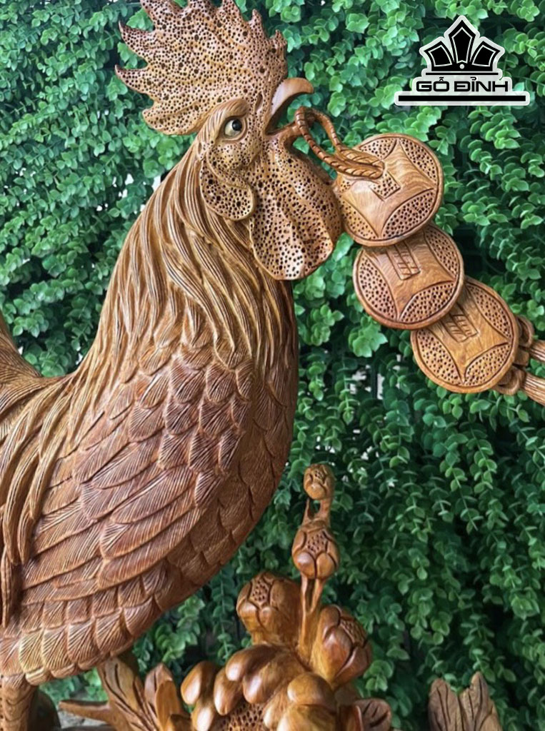 Tượng Gà Trống Phong Thủy Gỗ Hương Cao 60 Ngang 58 Sâu 20 (cm)