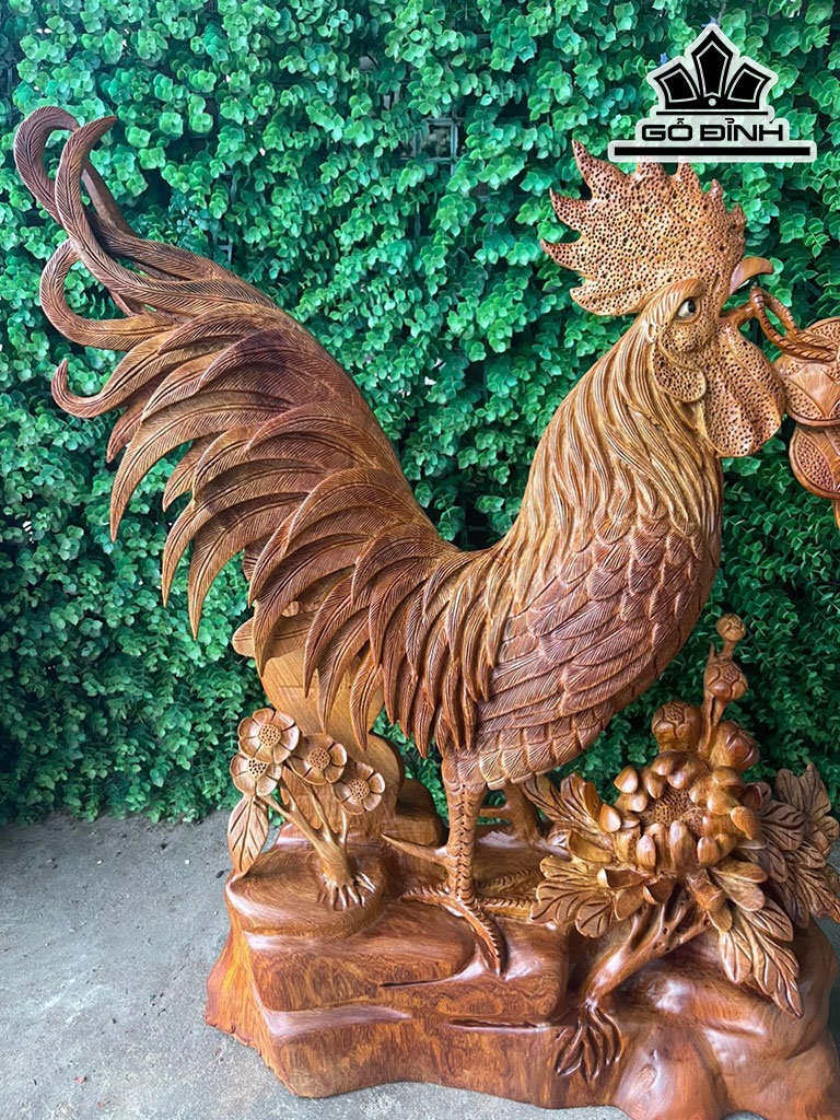 Tượng Gà Trống Phong Thủy Gỗ Hương Cao 60 Ngang 58 Sâu 20 (cm)