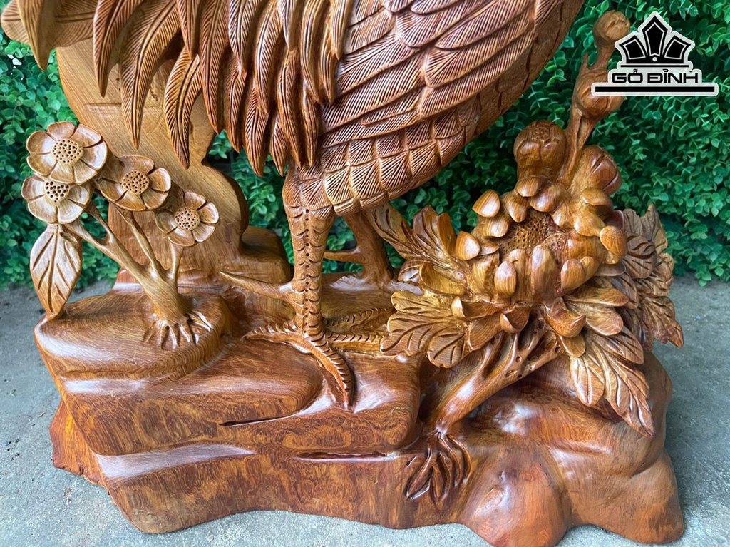 Tượng Gà Trống Phong Thủy Gỗ Hương Cao 60 Ngang 58 Sâu 20 (cm)