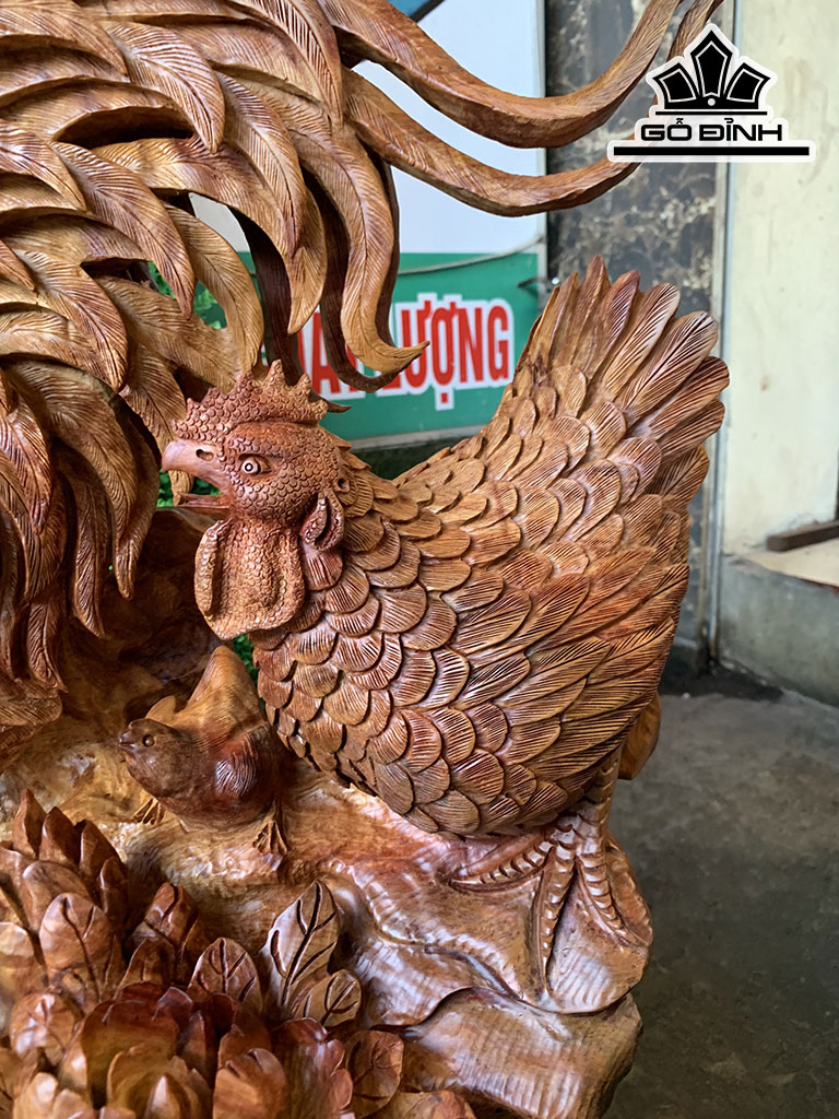 Tượng Gia Đình Gà Gỗ Hương Cao 76 Ngang 75 Sâu 46 (cm)
