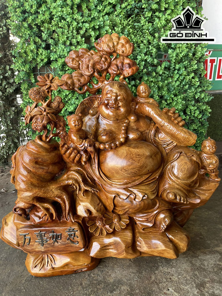 Tượng Phật Di Lặc Tam Phúc Gỗ Hương Cao 65 Ngang 65 Sâu 38 (cm)