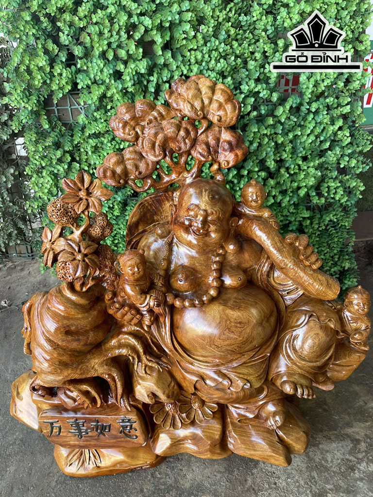 Tượng Phật Di Lặc Tam Phúc Gỗ Hương Cao 65 Ngang 65 Sâu 38 (cm)