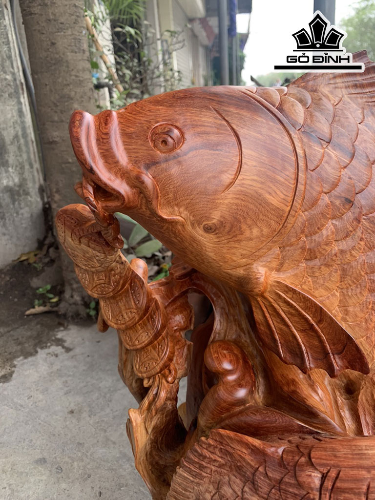 Tượng Song Ngư Vờn Bình Gỗ Hương Cao 60 Ngang 55 Sâu 40 (cm)