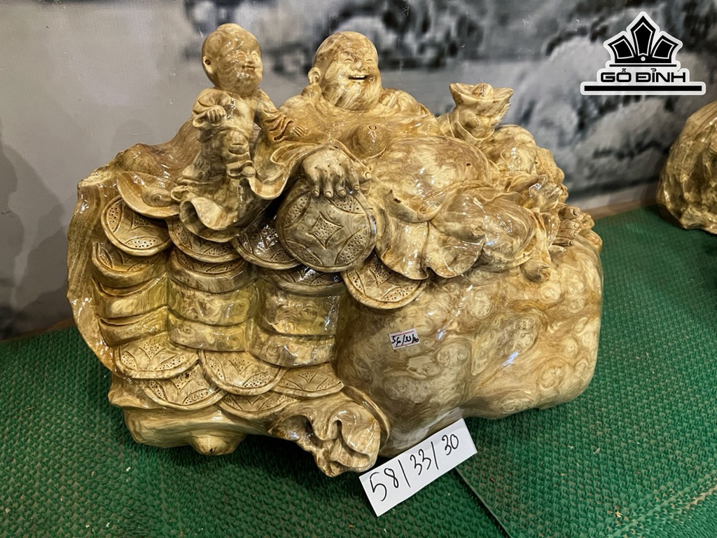 Tượng Di Lặc Nhất Phúc Gỗ Nu Nghiến Cao 33 Ngang 58 Sâu 30 (cm)