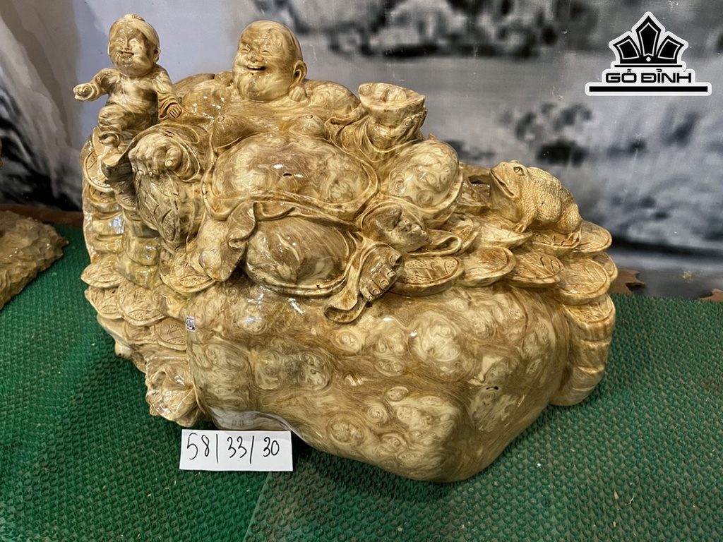 Tượng Di Lặc Nhất Phúc Gỗ Nu Nghiến Cao 33 Ngang 58 Sâu 30 (cm)