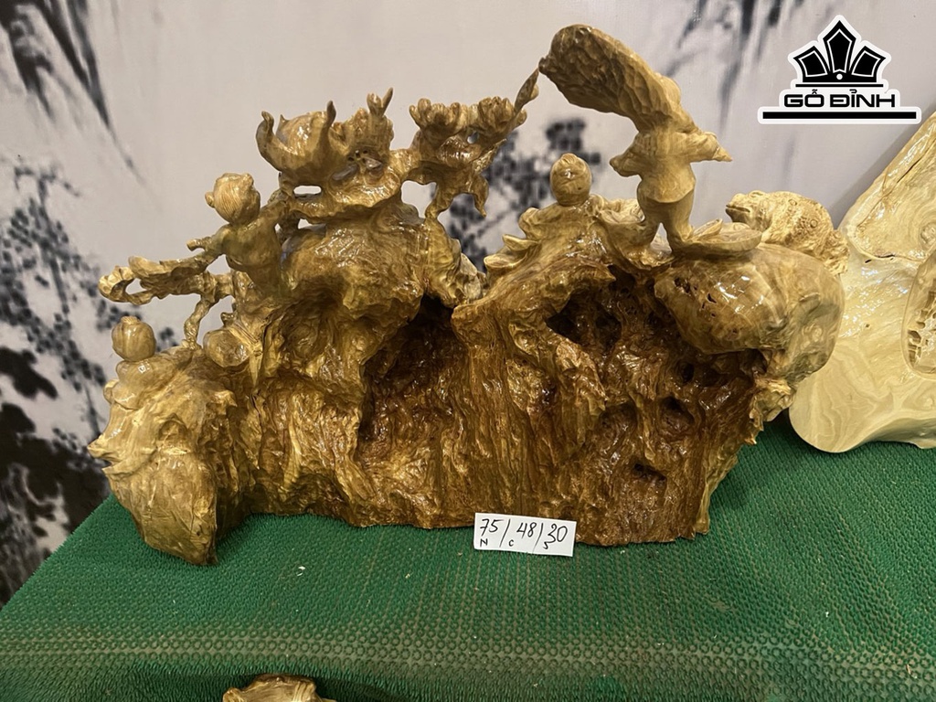 Tượng Phật Di Lặc Tam Phúc Gỗ Nu Nghiến Cao 48 Ngang 75 Sâu 30 (cm)