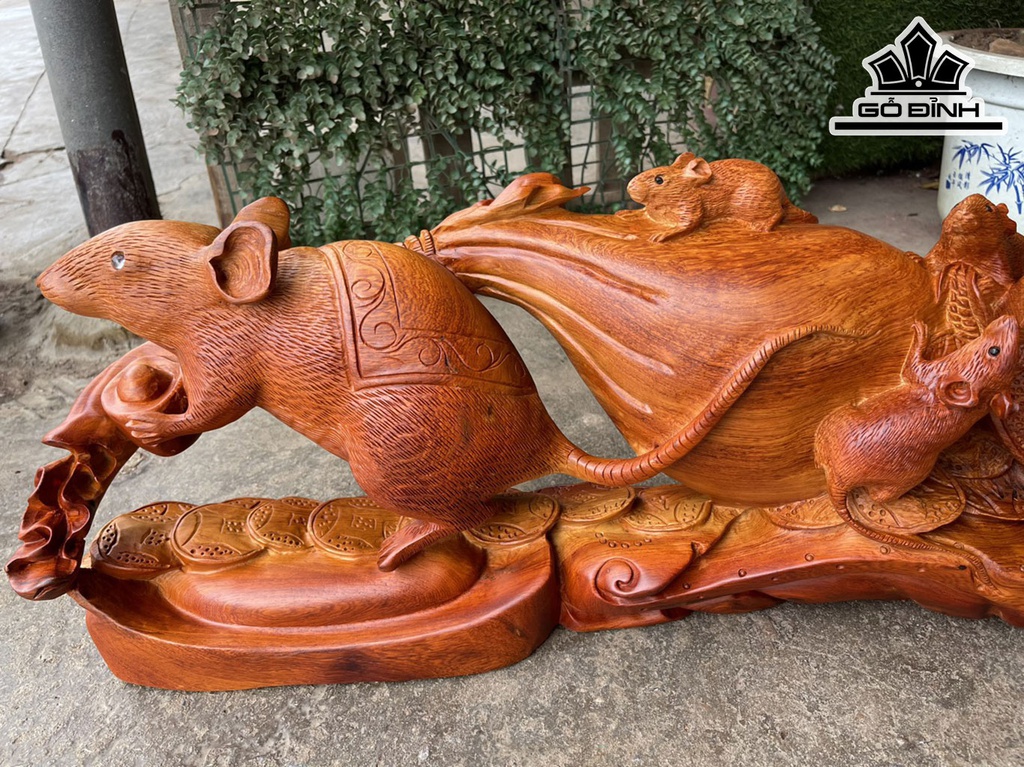 Tượng Chuột Phong Thủy Gỗ Hương Cao 29 Ngang 76 Sâu 18 (cm)