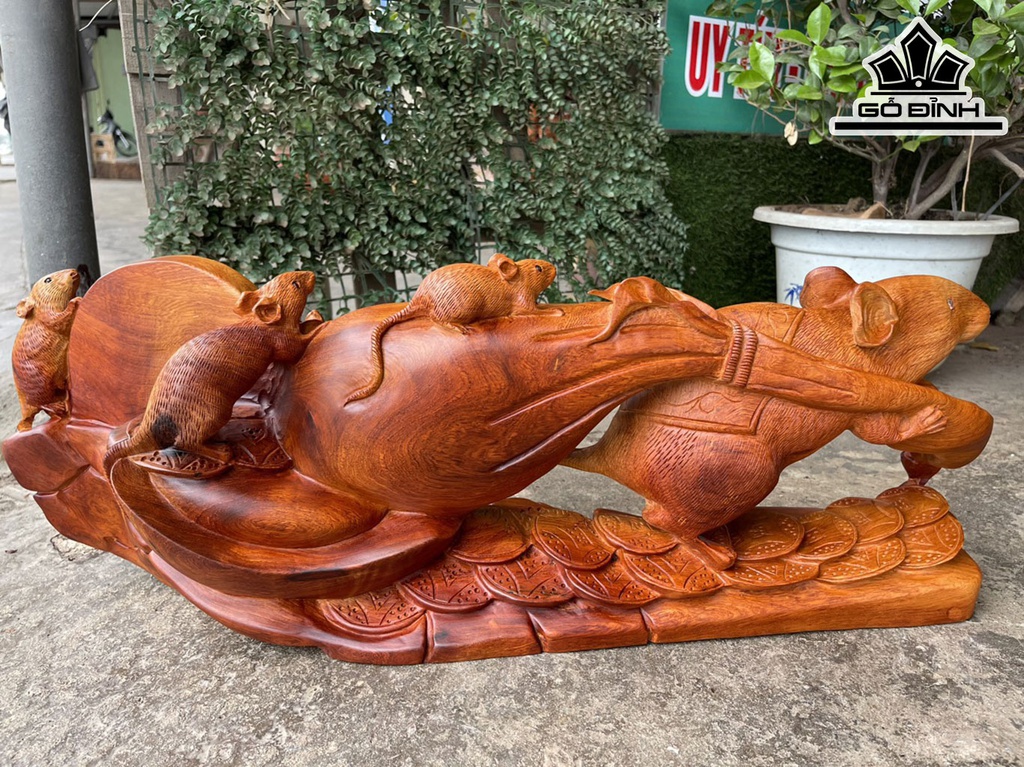 Tượng Chuột Phong Thủy Gỗ Hương Cao 29 Ngang 76 Sâu 18 (cm)