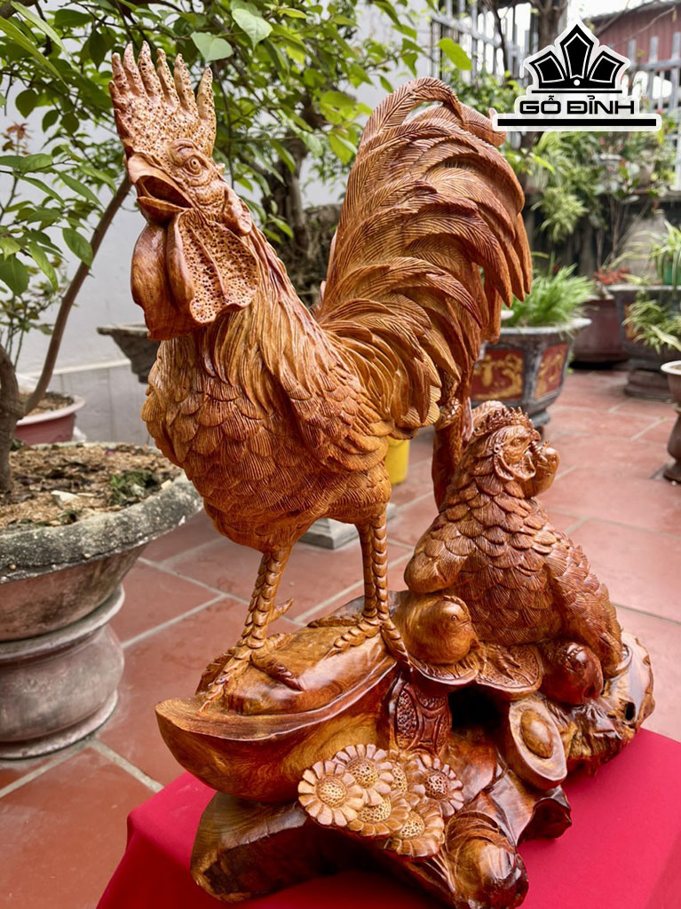 Tượng Gia Đình Gà Gỗ Hương Cao 56 Ngang 52 Sâu 25 (cm)