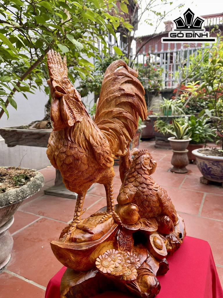 Tượng Gia Đình Gà Gỗ Hương Cao 56 Ngang 52 Sâu 25 (cm)