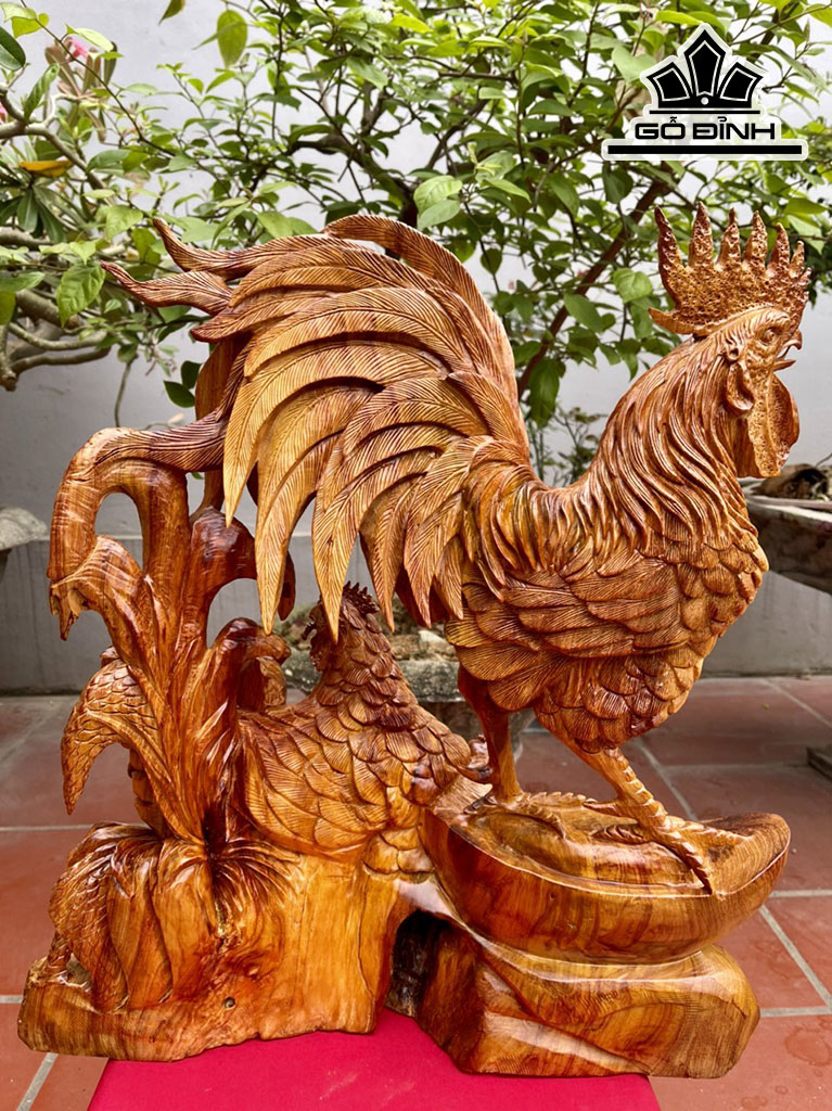 Tượng Gia Đình Gà Gỗ Hương Cao 56 Ngang 52 Sâu 25 (cm)