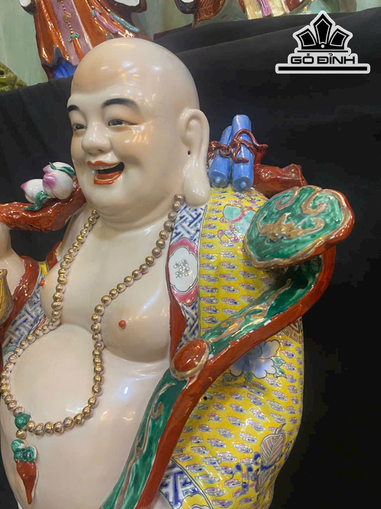 Tượng Di Lặc Gánh Đào Gốm Tàu Men Gấm Cao 76 Ngang 40 (cm)