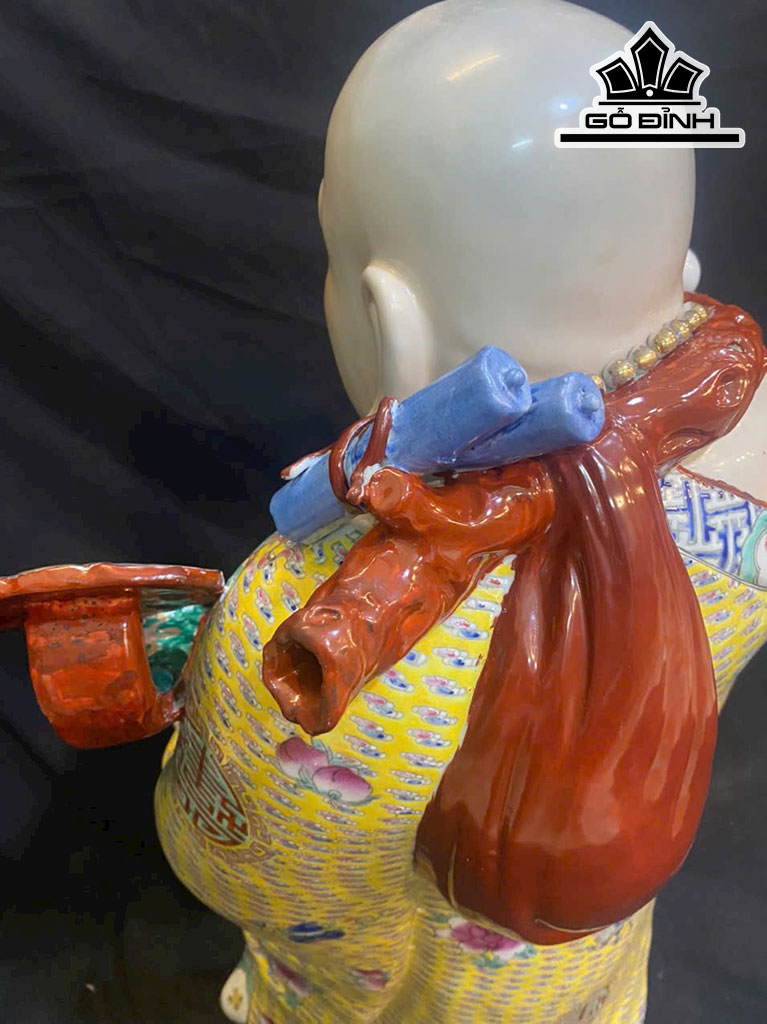 Tượng Di Lặc Gánh Đào Gốm Tàu Men Gấm Cao 76 Ngang 40 (cm)