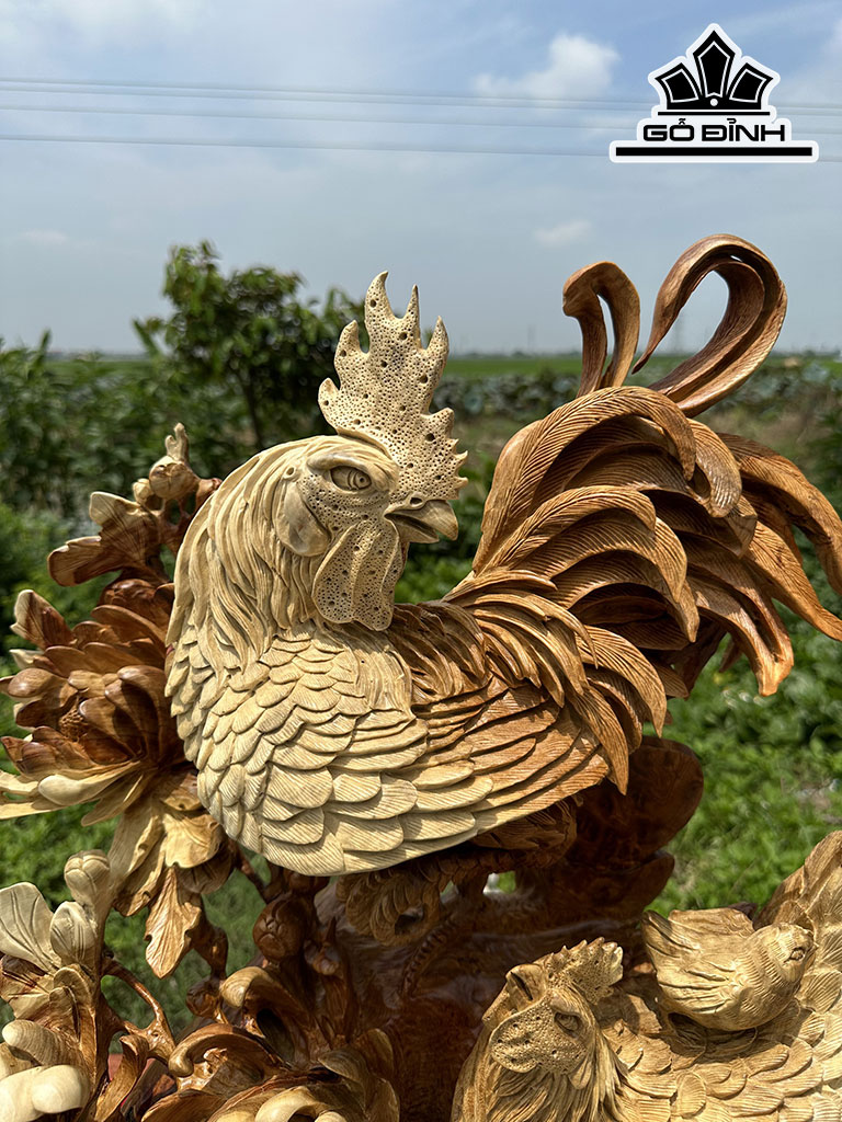Tượng Gia Đình Gà Gỗ Hương Cao 60 Ngang 58 Sâu 26 (cm)