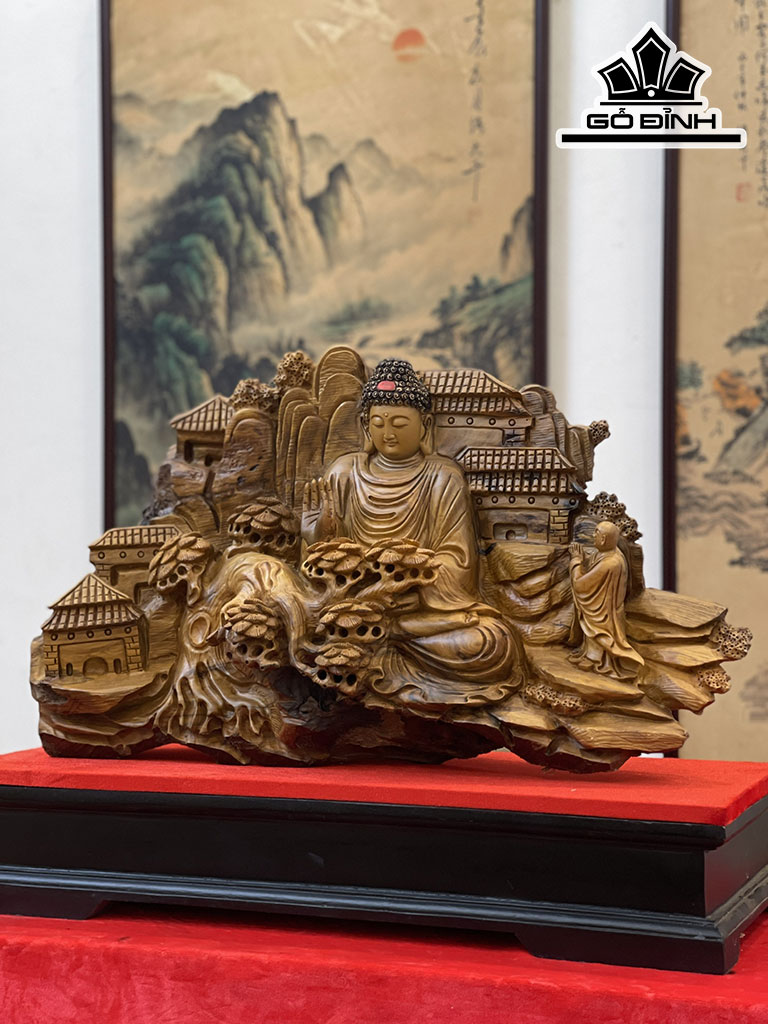Tượng Nhất Tâm Bái Phật Gỗ Bách Xanh Cao 38 Ngang 65 Sâu 26 (cm)