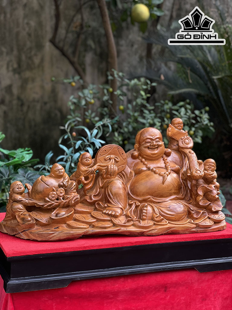 Tượng Phật Di Lặc Ngũ Phúc Gỗ Ngọc Am Cao 36 Ngang 72 Sâu 42 (cm)