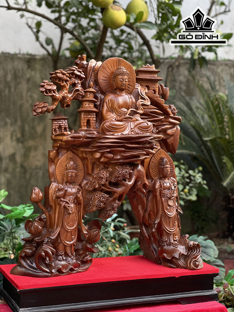 Tượng Tam Thánh Phật Gỗ Ngọc Am Cao 80 Ngang 73 Sâu 26 ( cm)