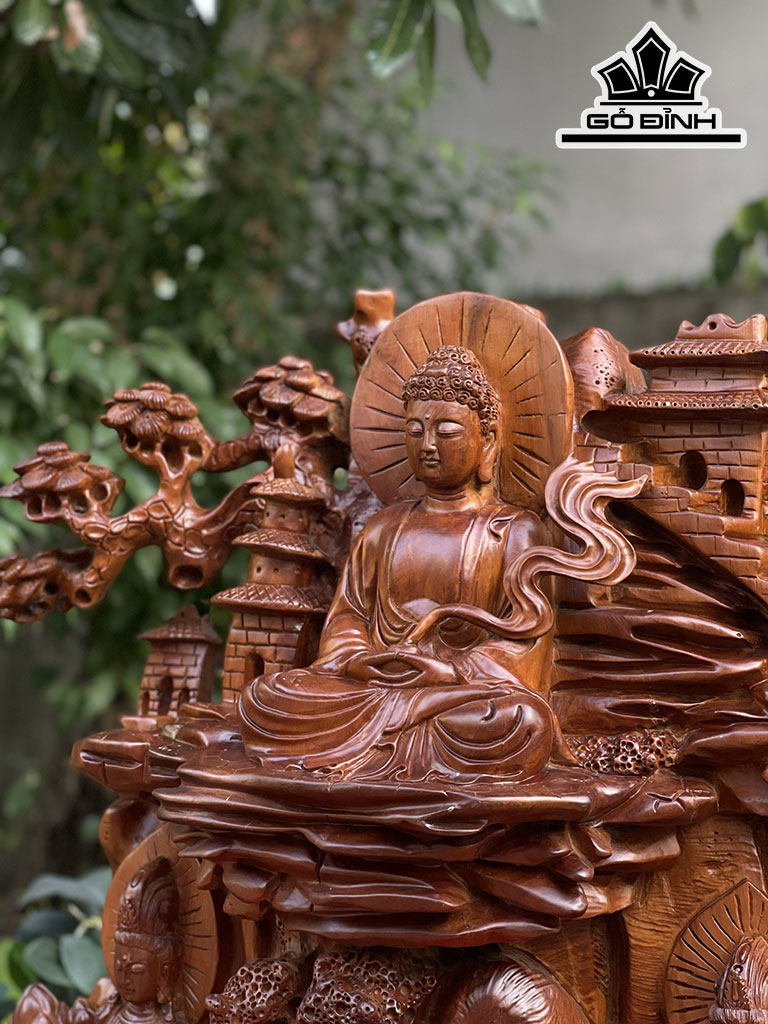 Tượng Tam Thánh Phật Gỗ Ngọc Am Cao 80 Ngang 73 Sâu 26 ( cm)