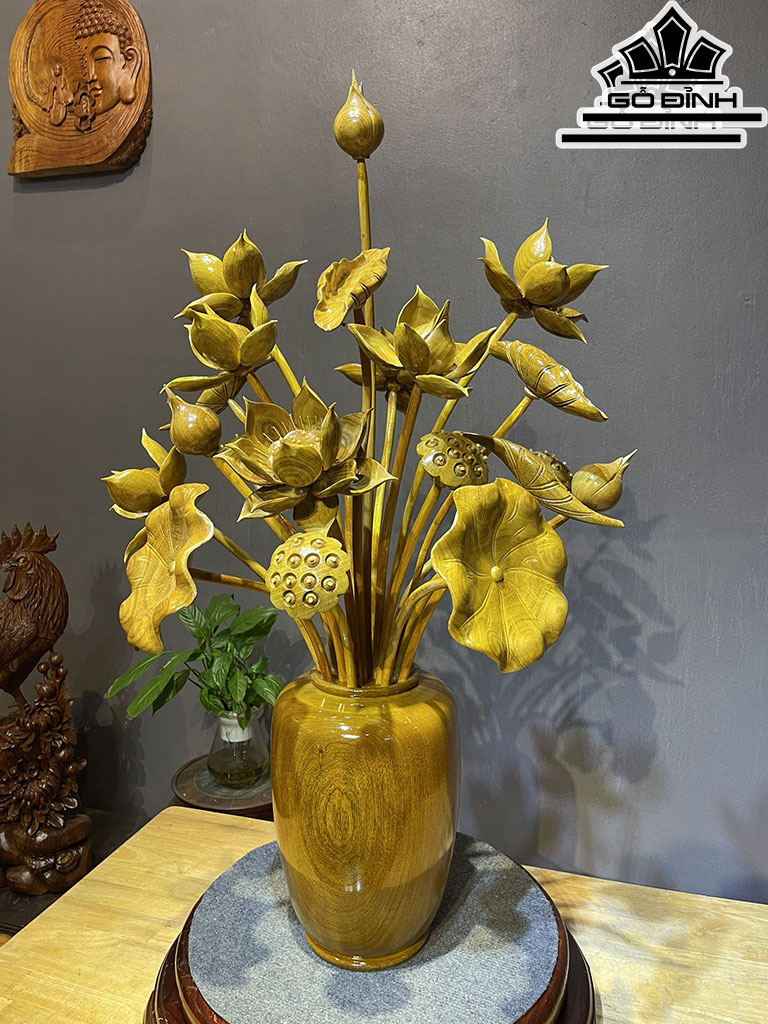 Bình Hoa Sen Gỗ Cẩm Vàng 21 Bông Cao 95 Ngang 60 Sâu 45 (cm)