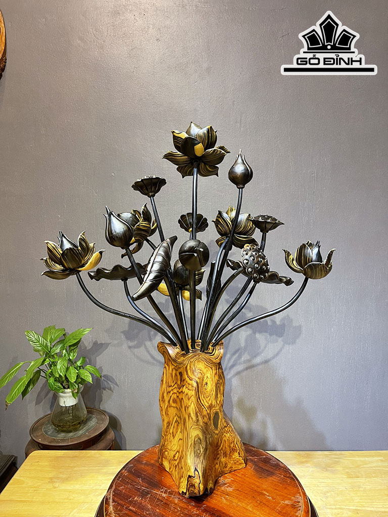 Bình Hoa Sen Gỗ Mun Hoa 17 Bông Cao 32 Ngang 23 Sâu 20 (cm)