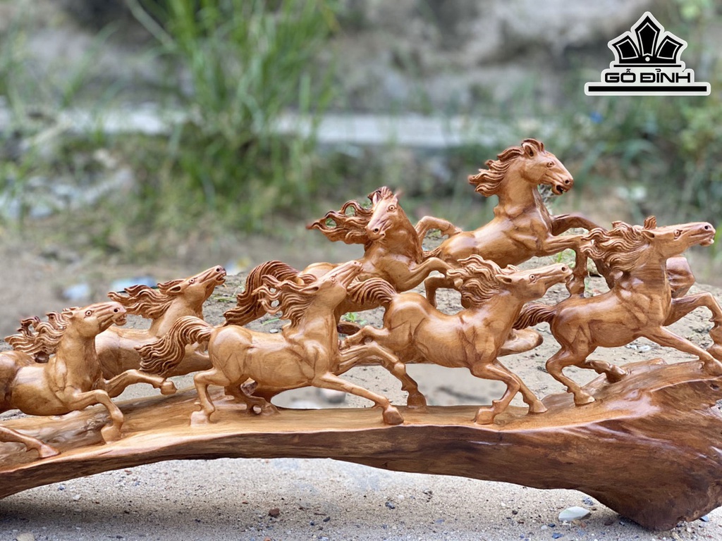 Tượng Bát Mã Gỗ Ngọc Am Cao 28 Ngang 71 Sâu 13 (cm)
