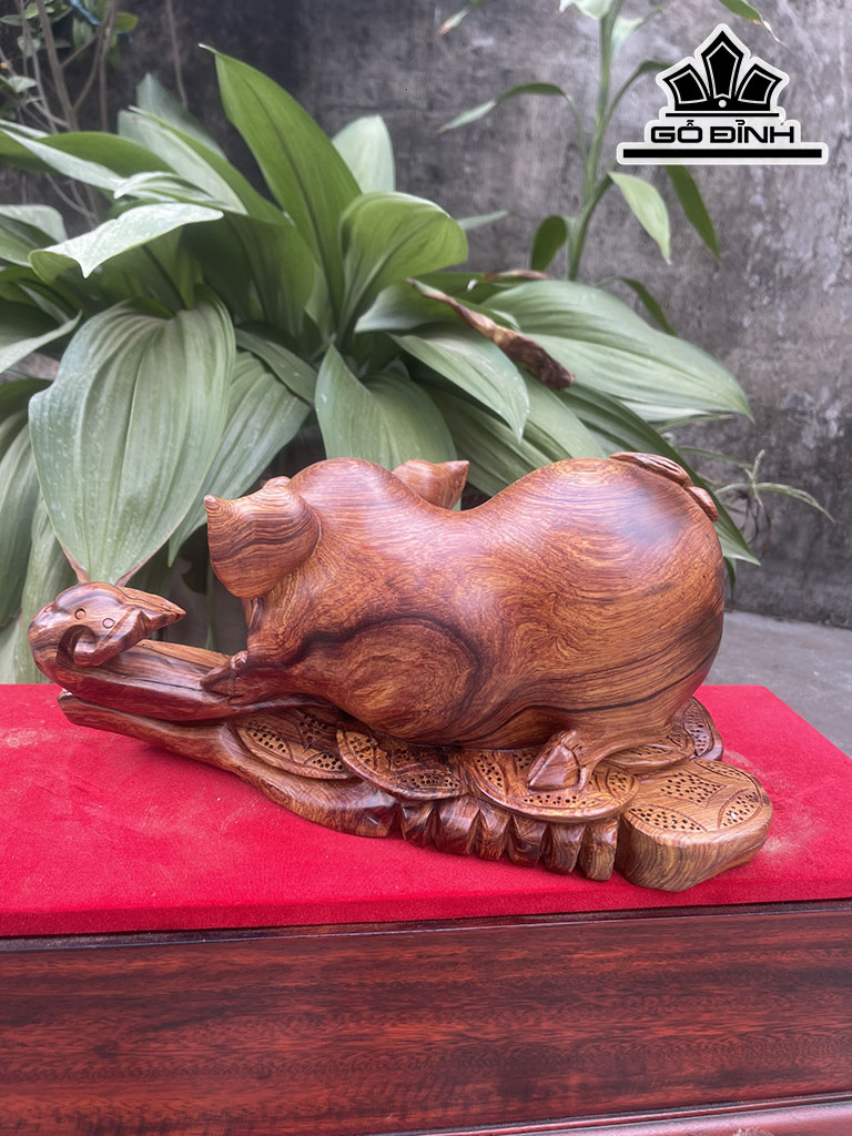 Tượng Heo Gỗ Cẩm Ngang 38 Cao 20 Sâu 22 (cm)