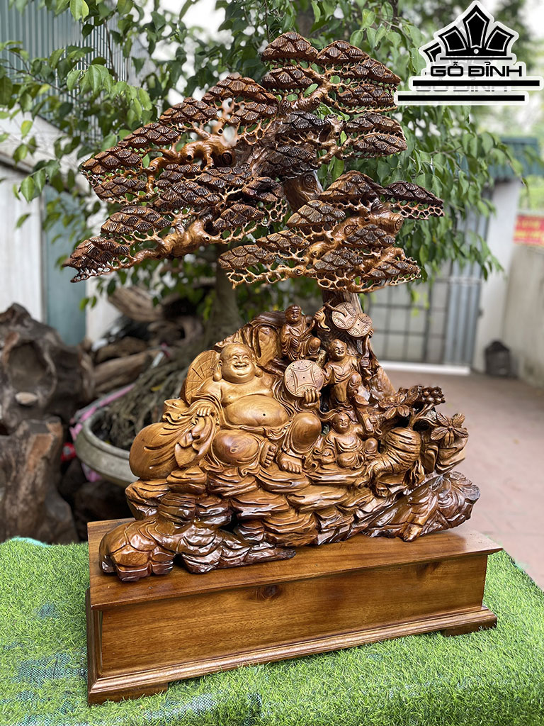 Tượng Phật Di Lặc Tam Phúc Gỗ Bách Xanh Cao 90 Ngang 70 Sâu 30 (cm)