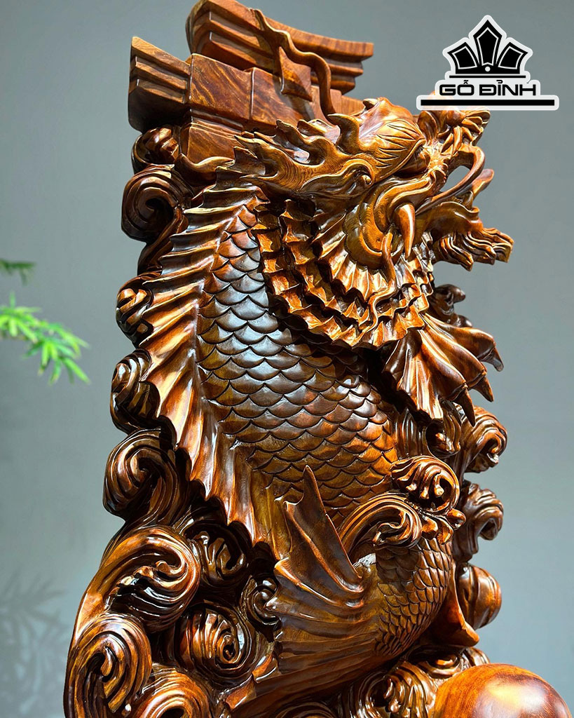 Tượng Cá Chép Hóa Rồng Gỗ Ngọc Am Cao 97 Ngang 59 Sâu 33 (cm)