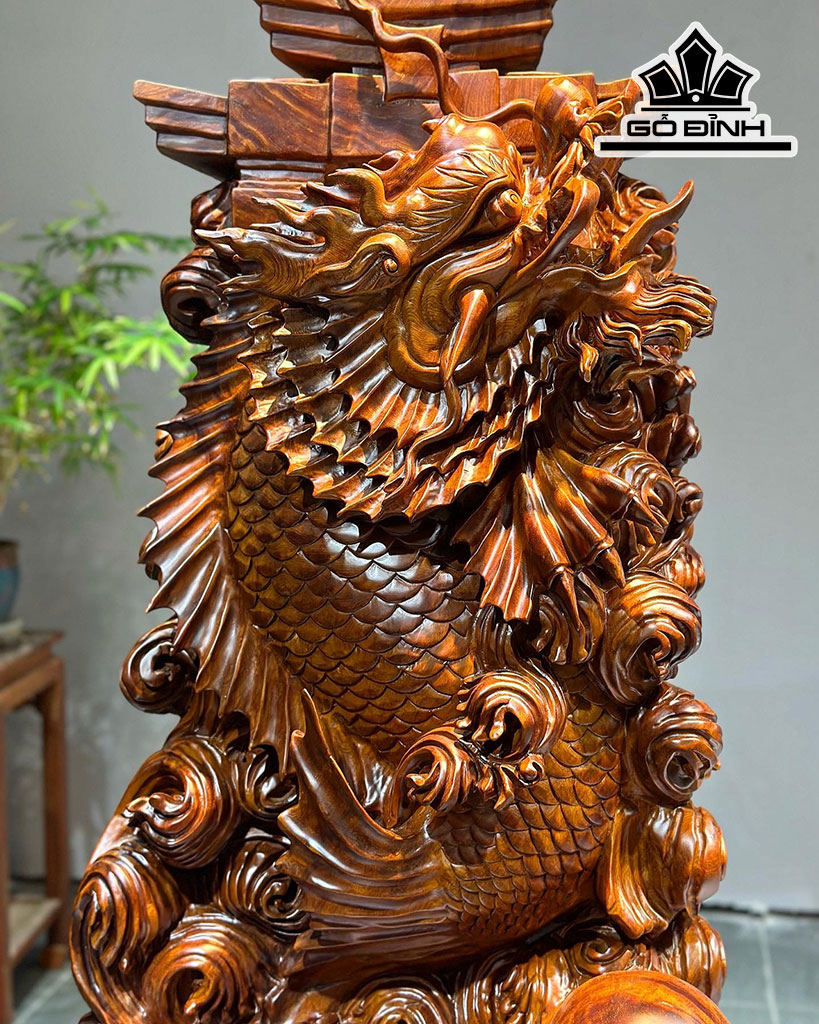 Tượng Cá Chép Hóa Rồng Gỗ Ngọc Am Cao 97 Ngang 59 Sâu 33 (cm)
