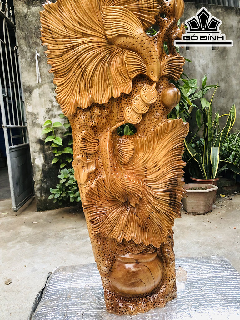 Tượng Cá Xiêm Đôi Gỗ Ngọc Am Cao 95 Ngang 39 Sâu 16 (cm)