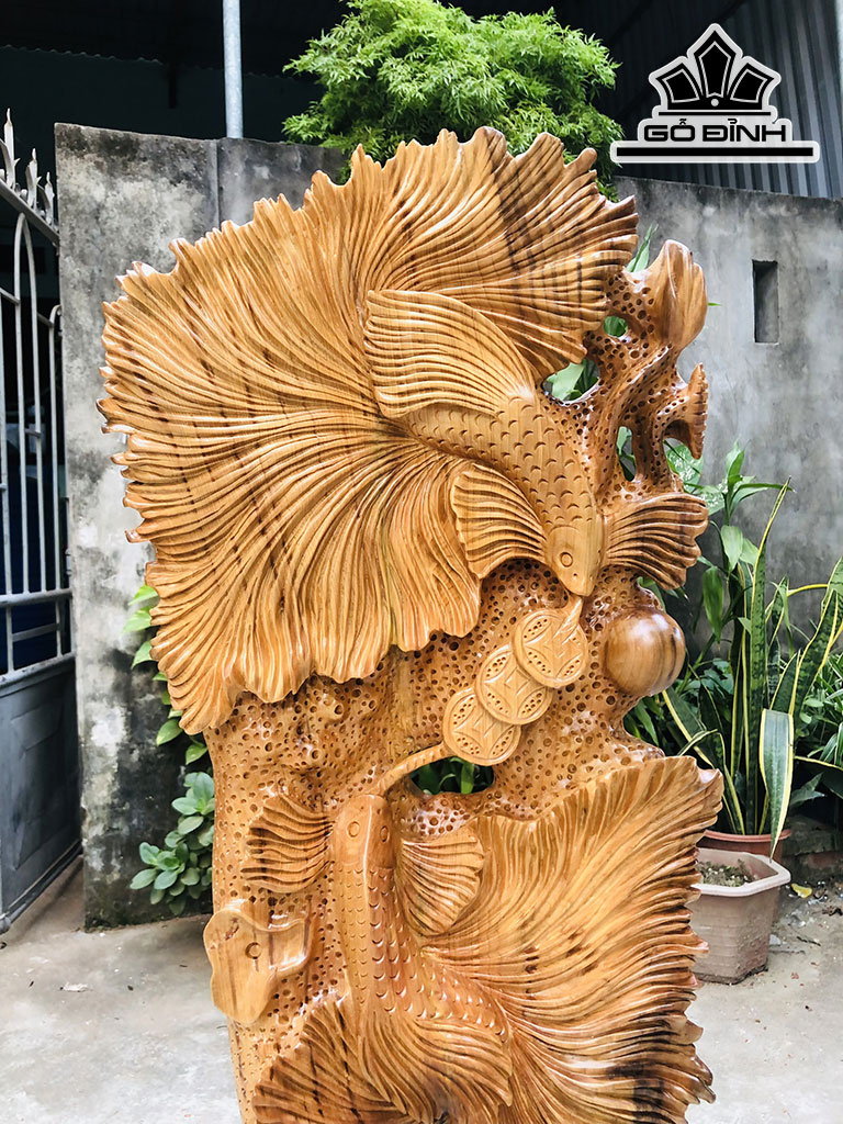 Tượng Cá Xiêm Đôi Gỗ Ngọc Am Cao 95 Ngang 39 Sâu 16 (cm)