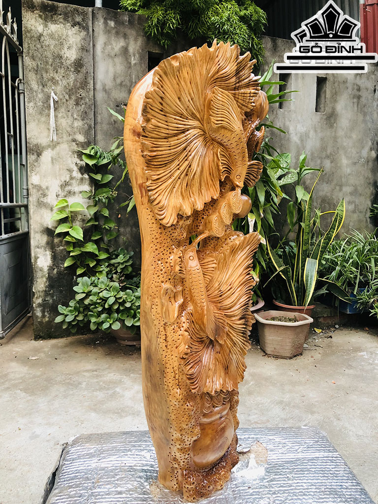 Tượng Cá Xiêm Đôi Gỗ Ngọc Am Cao 95 Ngang 39 Sâu 16 (cm)