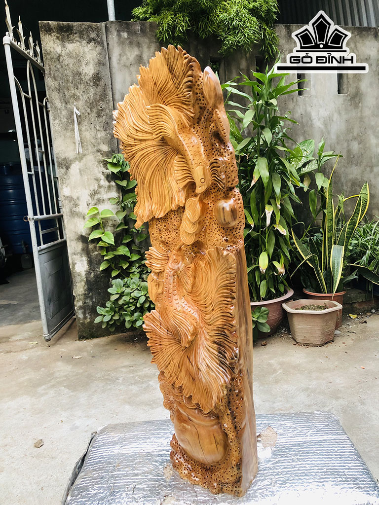 Tượng Cá Xiêm Đôi Gỗ Ngọc Am Cao 95 Ngang 39 Sâu 16 (cm)