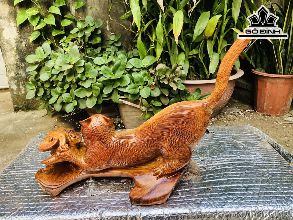 Tượng Mèo Gỗ Hương Cao 31 Ngang 38 Sâu 15 (cm)
