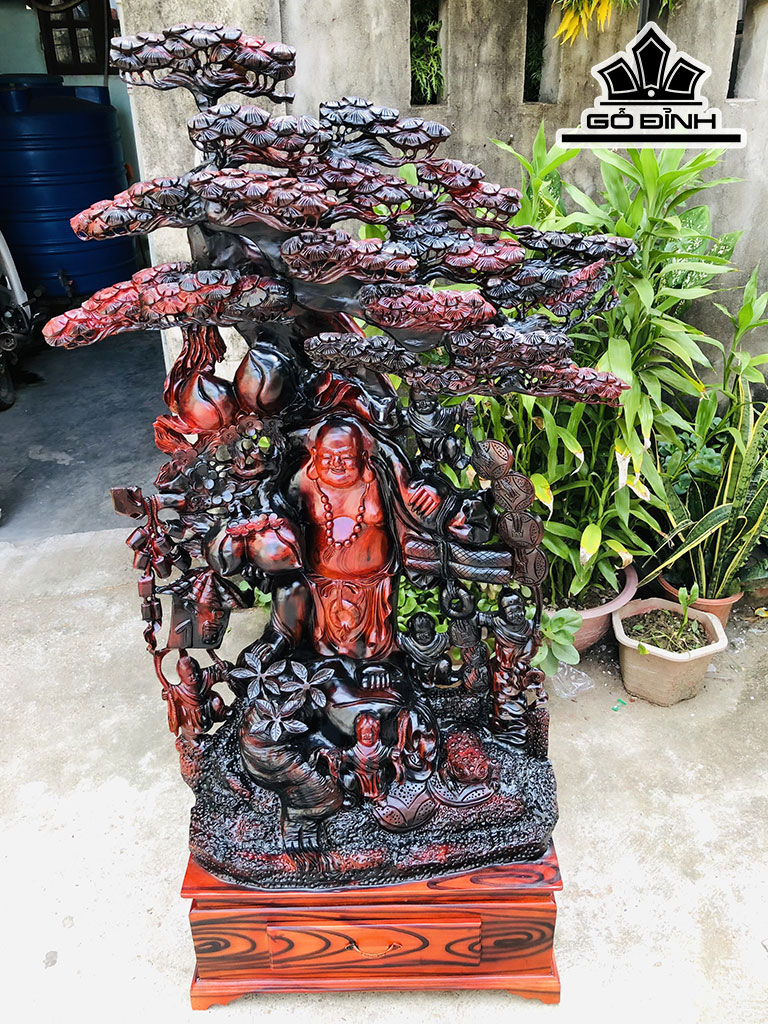 Tượng Phật Di Lặc Ngũ Phúc Ngự Gốc Tùng Gỗ Trắc Cao 158 Ngang 89 Sâu 39 (cm)