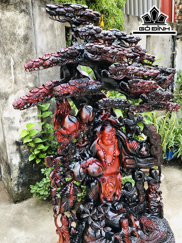 Tượng Phật Di Lặc Ngũ Phúc Ngự Gốc Tùng Gỗ Trắc Cao 158 Ngang 89 Sâu 39 (cm)