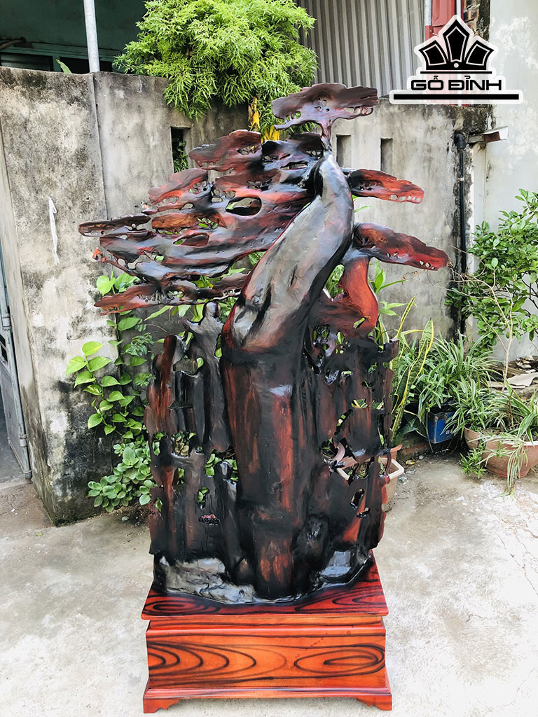Tượng Phật Di Lặc Ngũ Phúc Ngự Gốc Tùng Gỗ Trắc Cao 158 Ngang 89 Sâu 39 (cm)