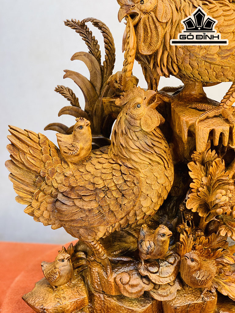 Tượng Gia Đình Gà Gỗ Hương Cao 83 Ngang 60 Sâu 28 (cm)